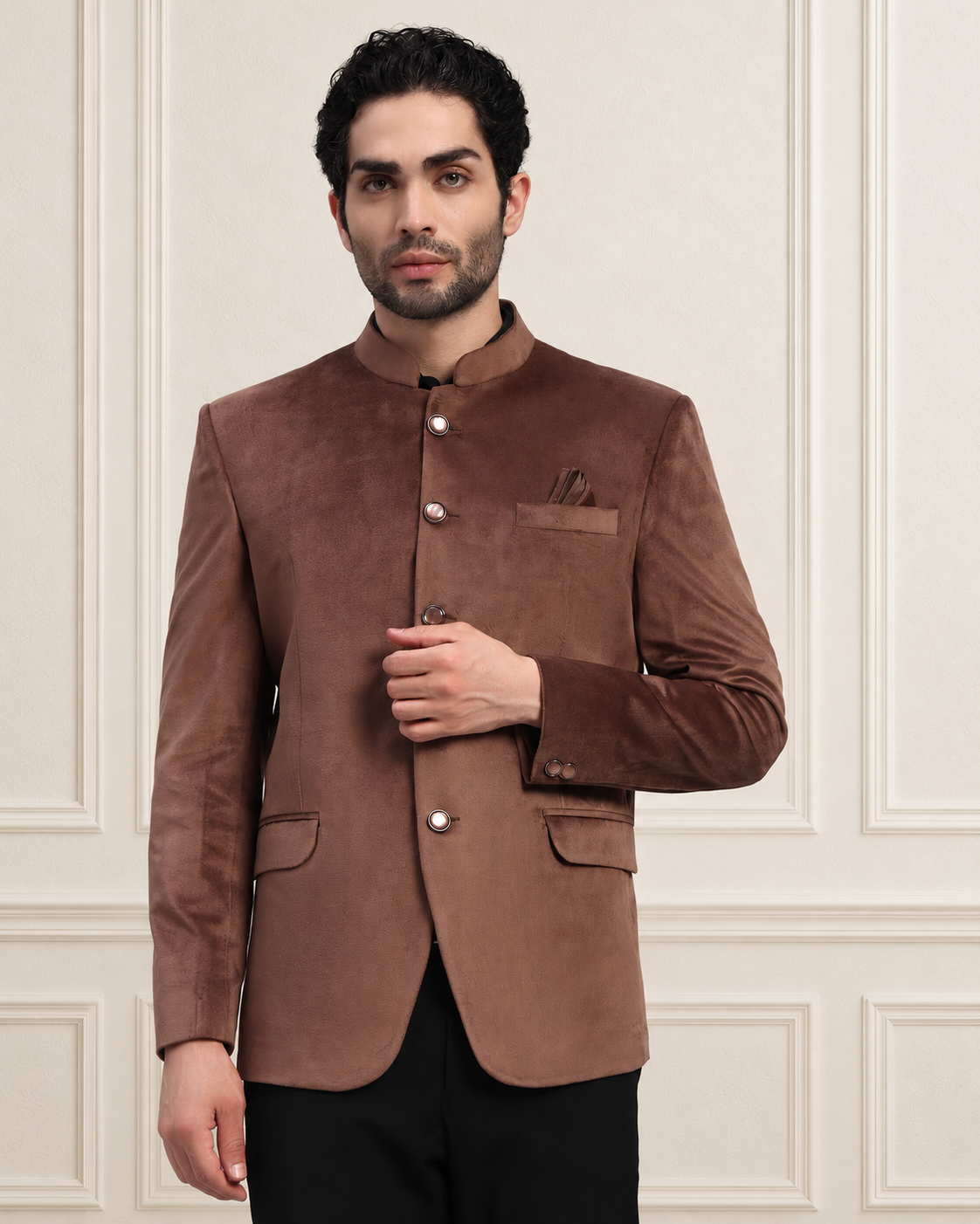 Men's Brown Velvet Bandhgala Party Wear Blazer